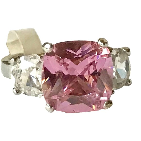 Silver Pink Cubic Zirconia Cocktail Ring Size 9 Plated Triplet Cushion Cut - Picture 1 of 12